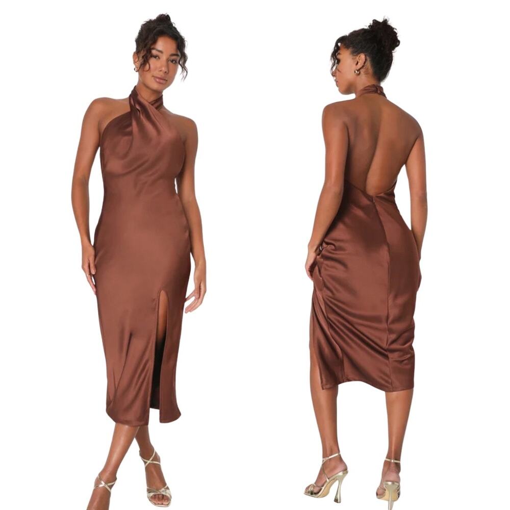 Lulus Satin Halter Midi Dress Brown Sz L NWT | Open Back Wedding Guest Gown
